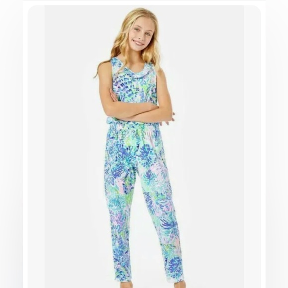 Lilly Pulitzer Other - Lilly Pulitzer GIRLS VALA JUMPSUIT Shell Of A Party Ruffle Pink Blue XL